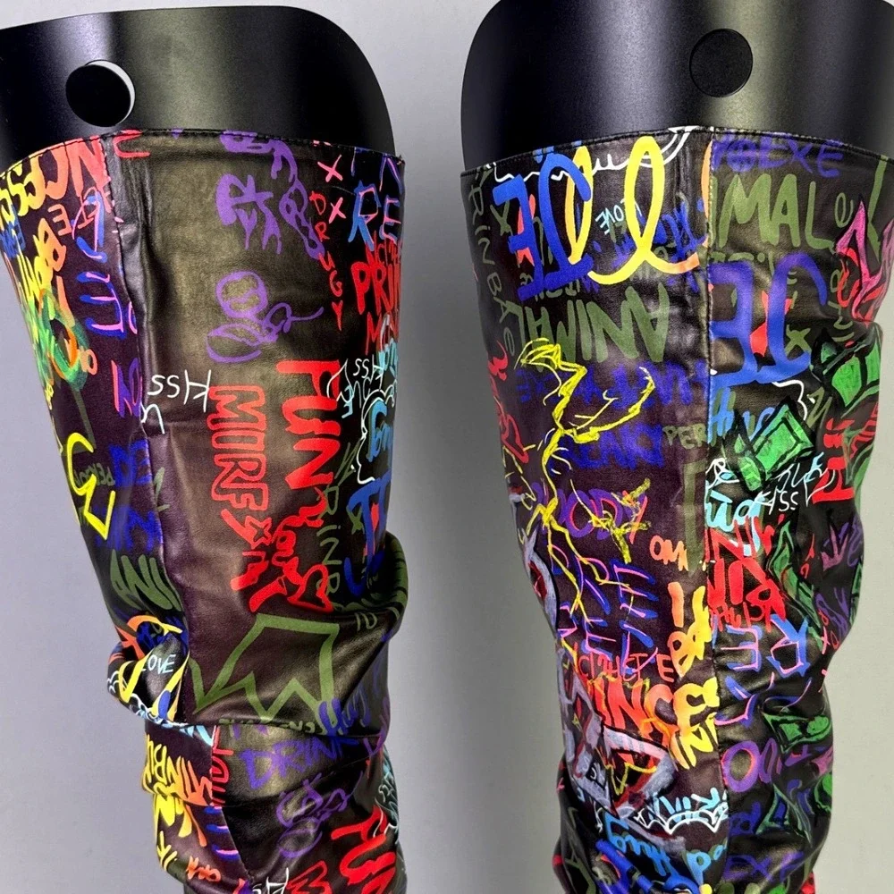 Revive Graf Multicolor Graffiti Print Over The Knee Flared Heel Boots woman  6.5